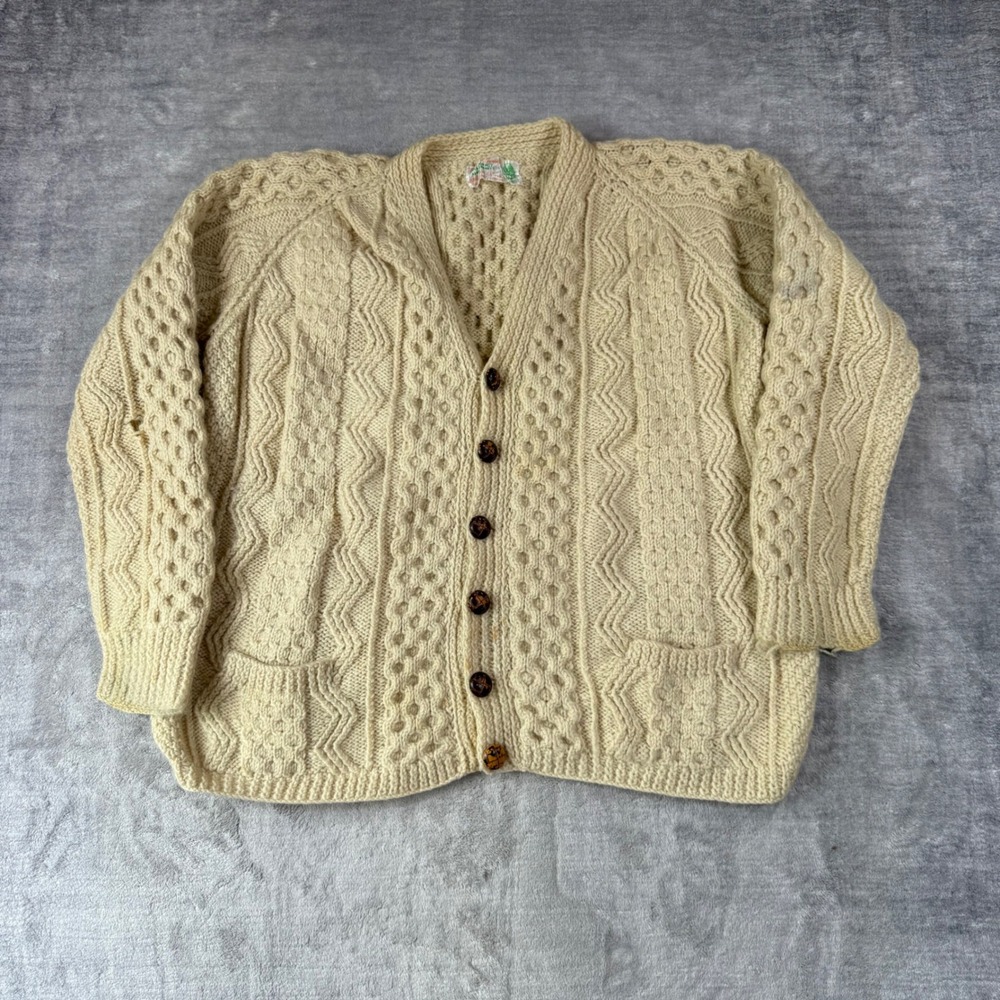 VTG Handknit Sweater Men Large Cream Wool Aran Cable Fishermen Gillespie Bros